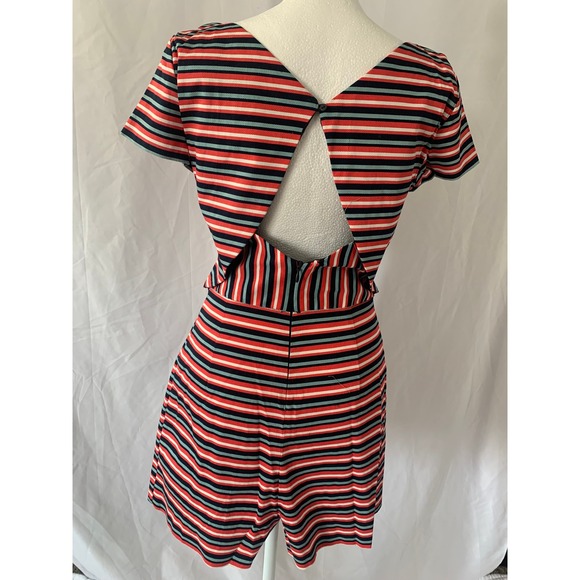 Zara Trafaluc Red Navy Blue Striped Open Back Romper Playsuit - Picture 2 of 4